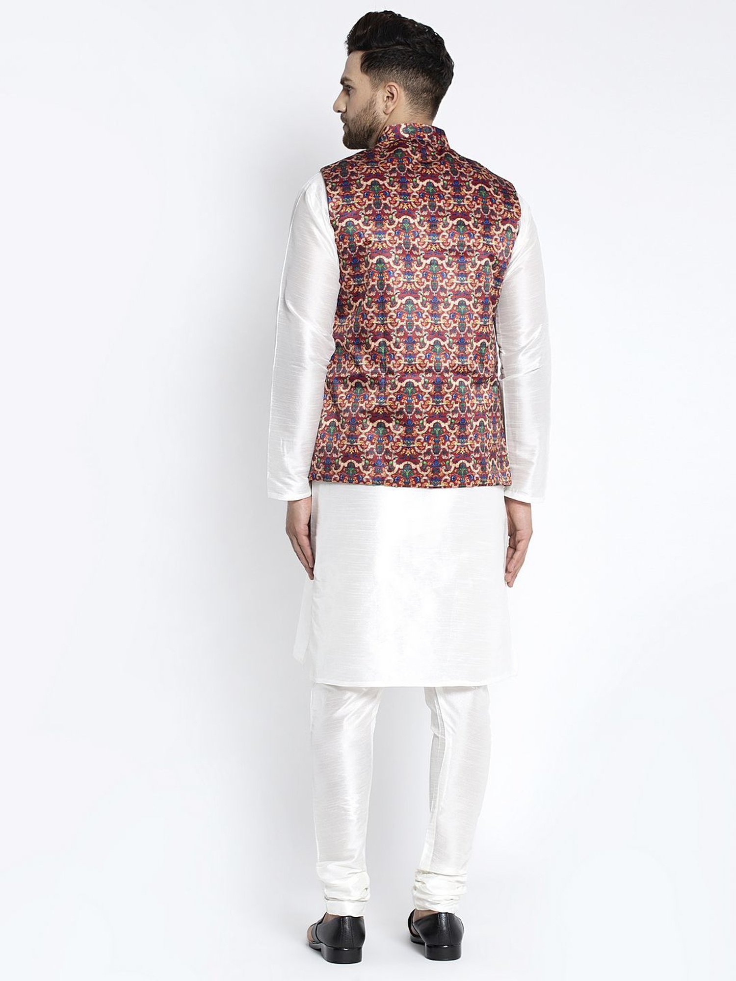 Benstoke White & Maroon Regular Fit Printed Kurta Set With Jacket