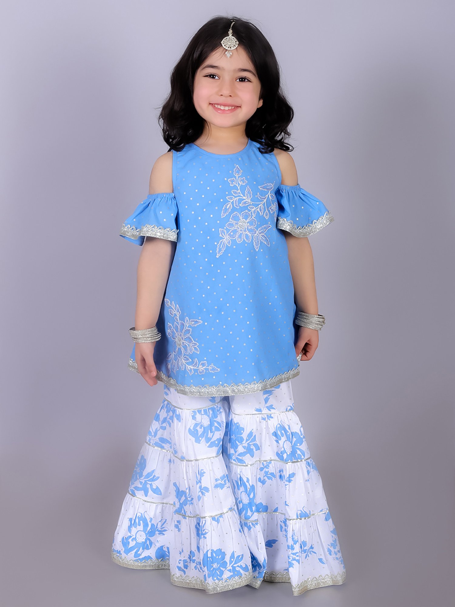Lil Drama Kids Blue & White Embroidered Kurta with Gharara