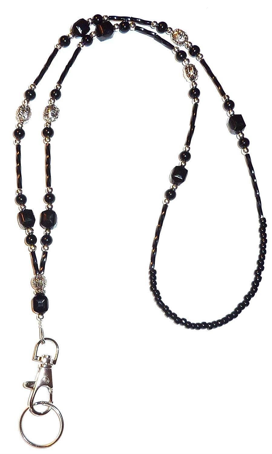 Hidden Hollow Beads Women's Beaded Lanyard 34 Inches, SUPER SLIM Black - NON Breakaway ( Stronger)