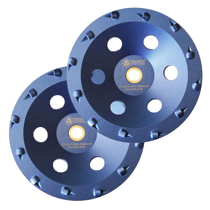 DiamaPro Systems Non Threaded 7 Inch 12 Segment 1/4 Round PCD Concrete Grinding Cup Wheel Grinding, Preparation, Removing Coating (2 Pack)