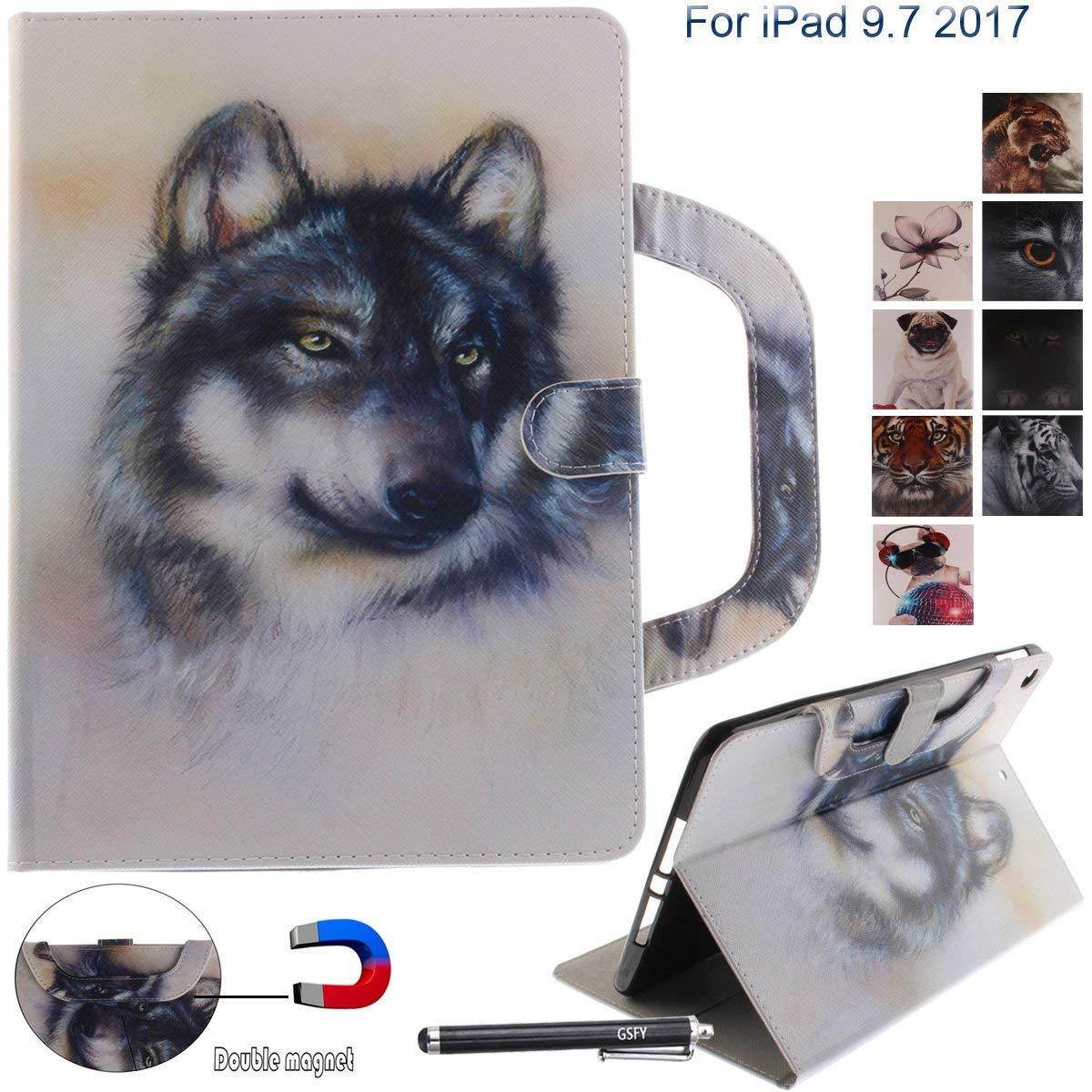 New iPad 2017 iPad 9.7 Case, Newshine Portable Lightweight Smart Stand Case with Card Slots for Apple iPad 9.7-inch 2017 Release [Auto Sleep/Wake], White Wolf