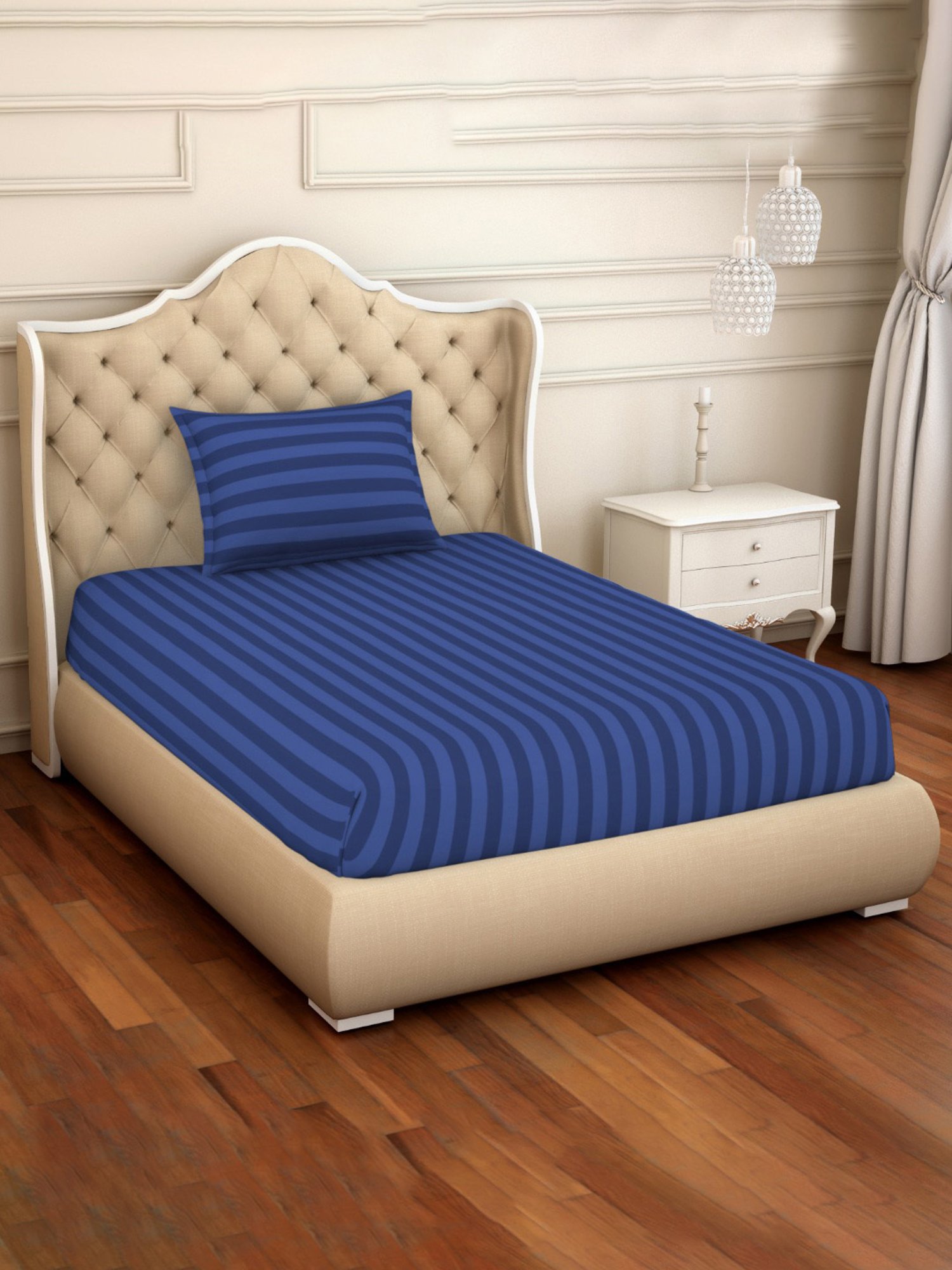 Spaces Skyrise Stripes Navy Blue 210 TC Cotton Single Bedsheet With 1 Pillow Covers