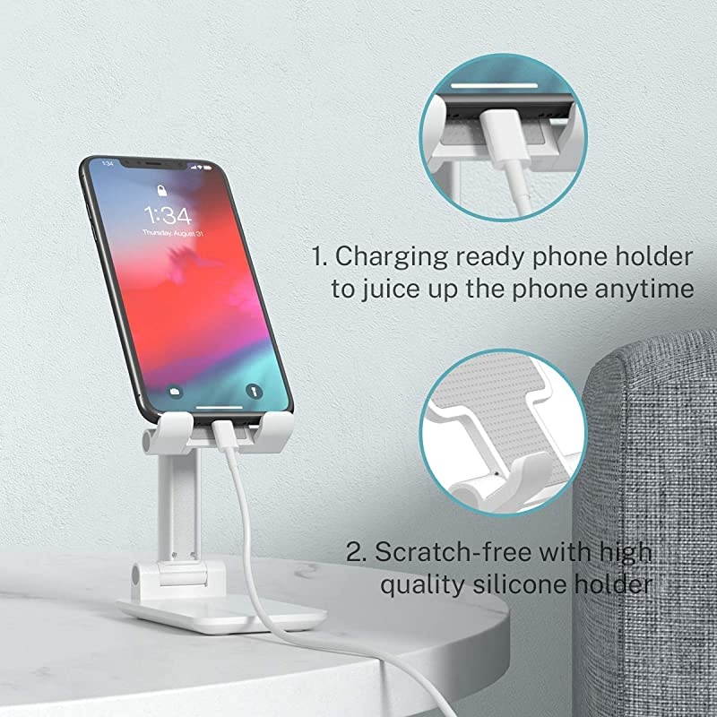 Phone Stand Foldable Portable Desktop Stand Adjustable Height and Angle Phone Holder for Desk Sturdy Aluminum Metal Stand Compatible with SmartphoneiPadKindleTablet White