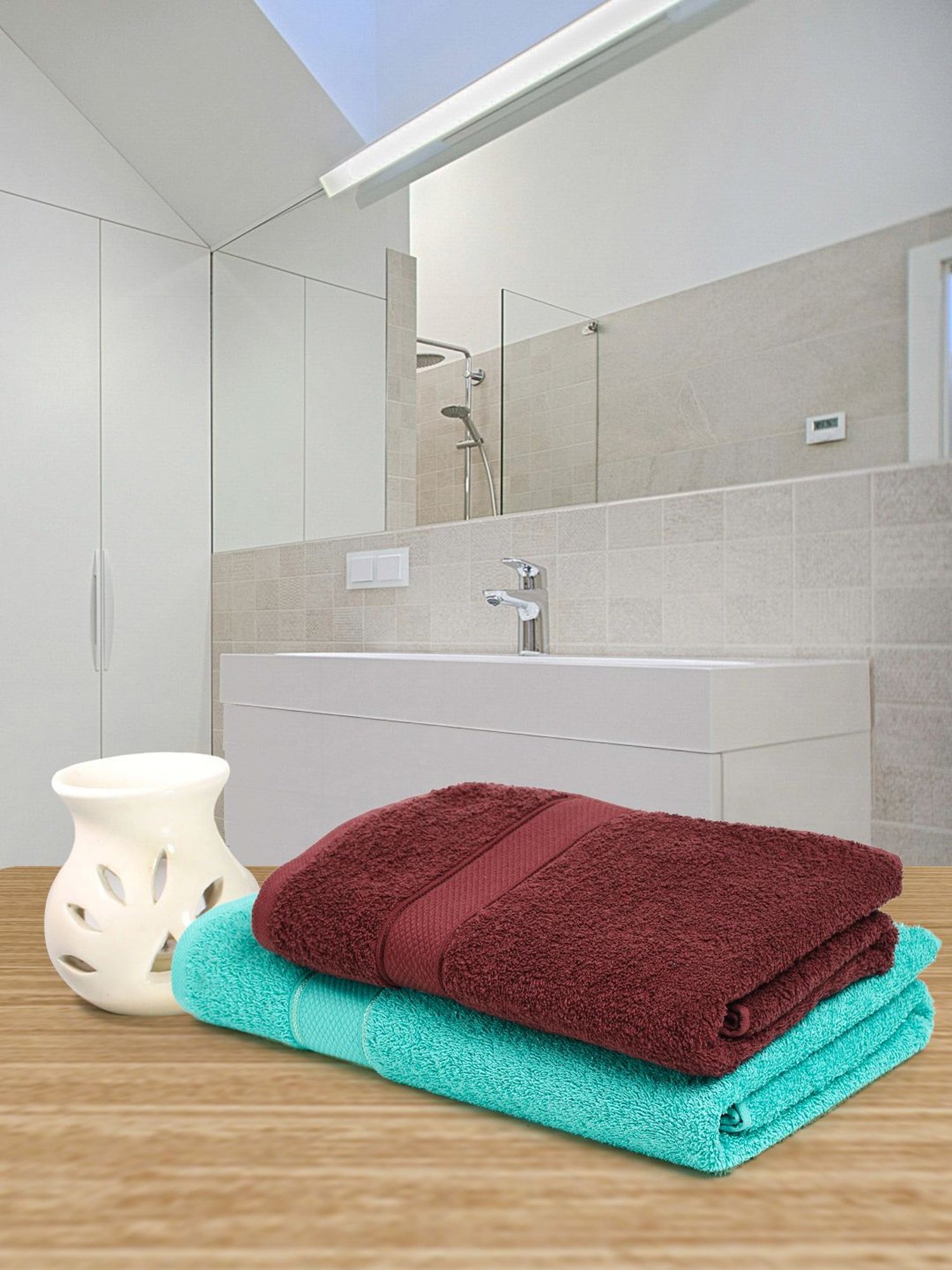Creeva Sea Green & Wine 525 GSM Cotton Bath Towel Set of 2