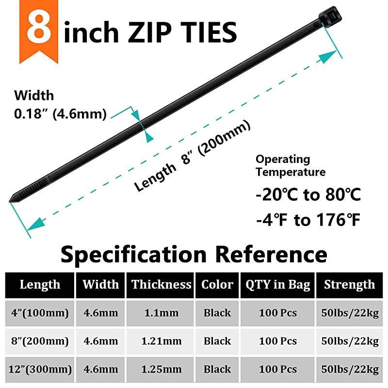 Cable Ties 8 Inch 100 Piece MultiPurpose Zip Ties Wire Ties Heavy Duty Wire Management for Organizing Home Office Garden and Data Centers