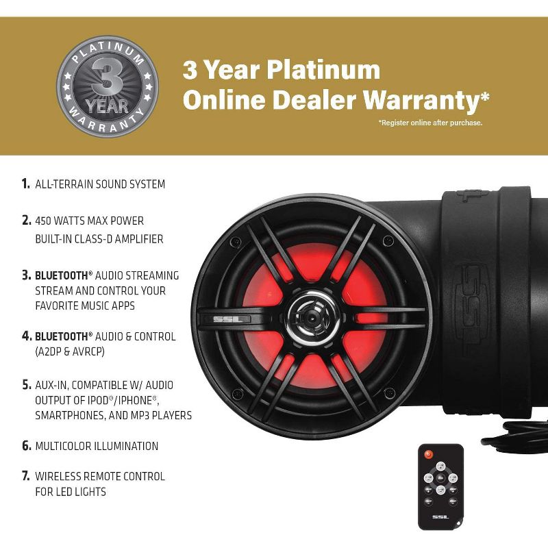 Soundstorm BTB6L 6.5 Inch 450W Bluetooth Amplified Marine Powersports UTV ATV Tube Speaker System with LED Lights, Black