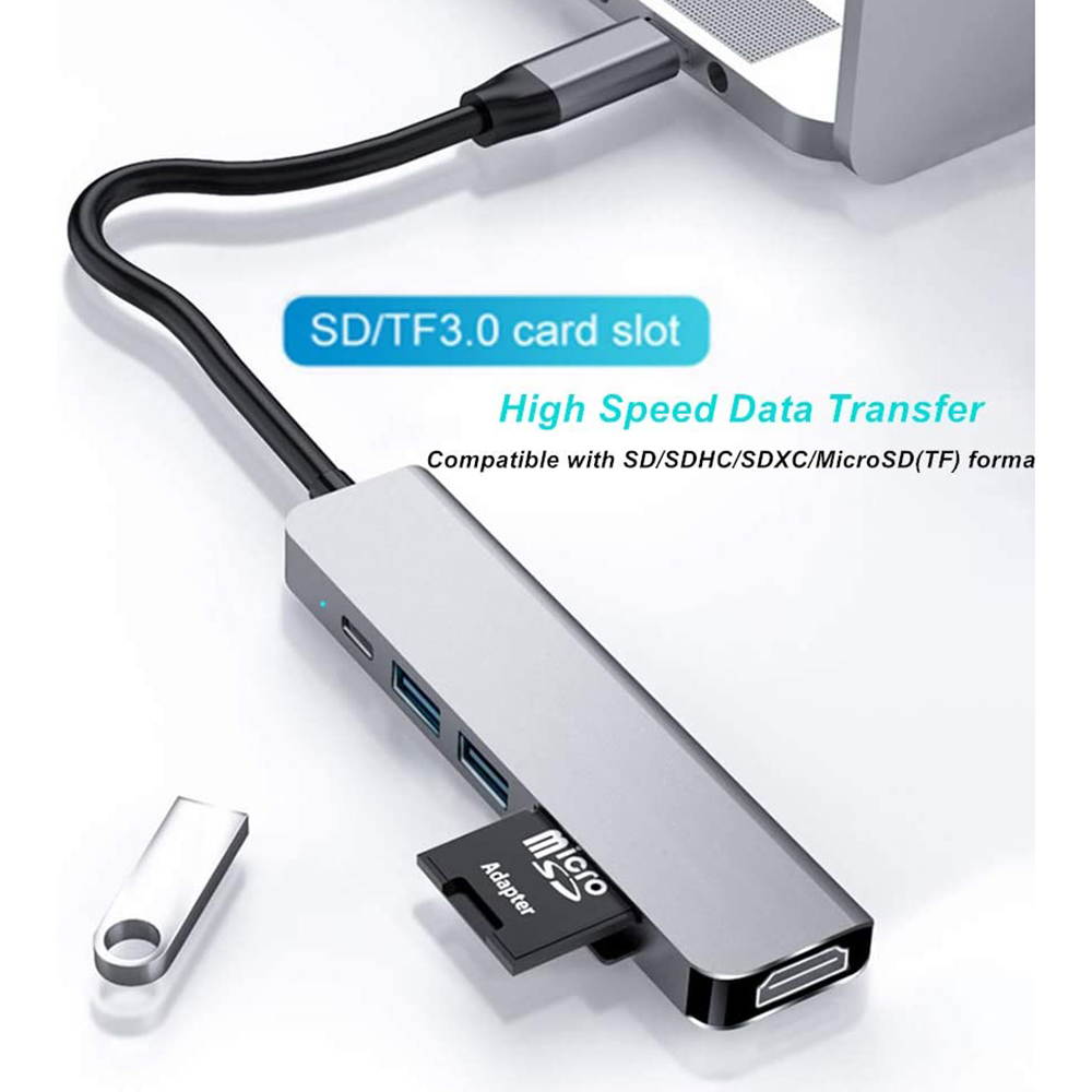 USB C Hub, 6-in-1 USB Type C Adapter with 4K HDMI Port, PD Port, 2 USB 3.0 Ports, TF/SD Card Reader for Apple MacBook Pro, iPad Pro, Surface, Chromebook and More USB C Devices