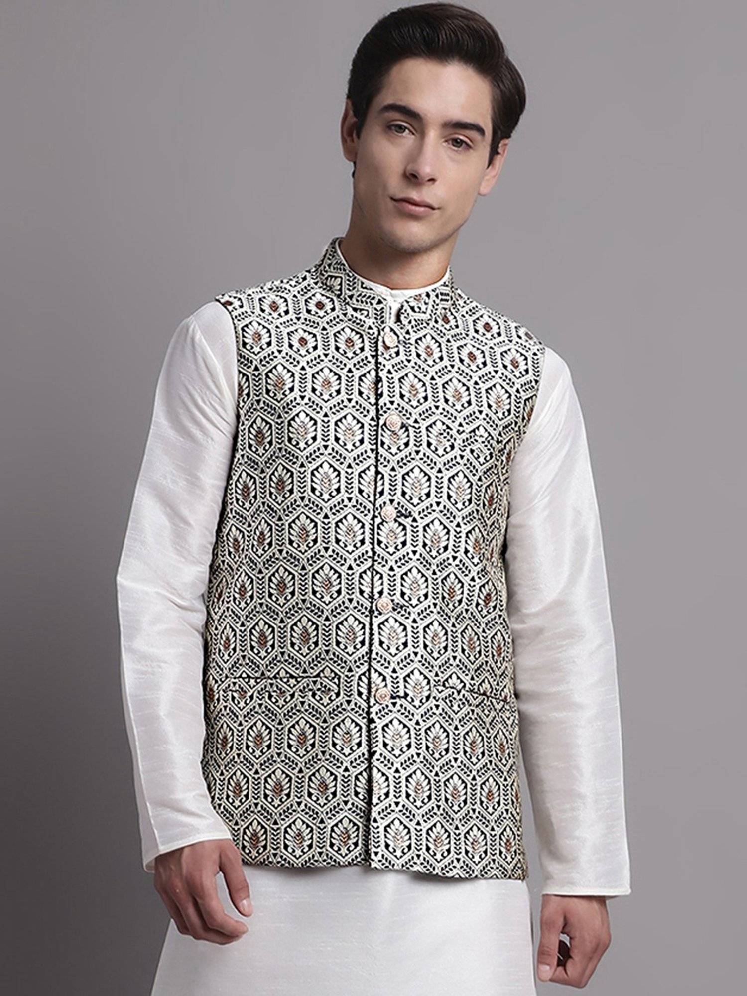 Jompers Blue & Silver Regular Fit Self Design Nehru Jacket