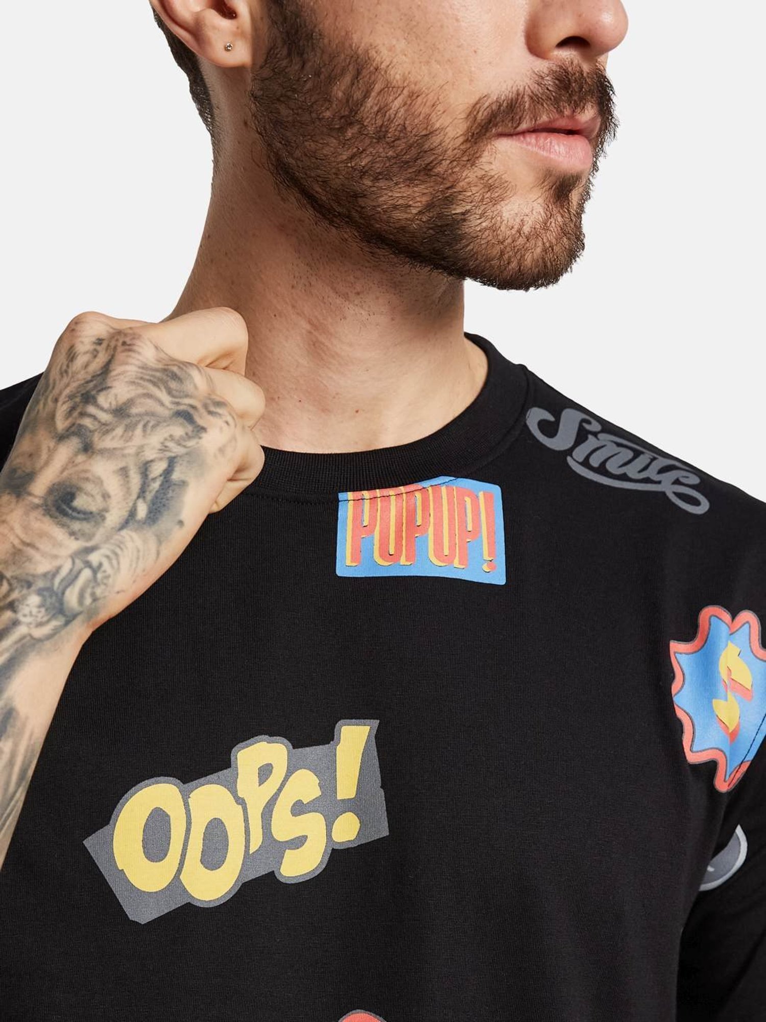 Octave Black Cotton Regular Fit Printed T-Shirt