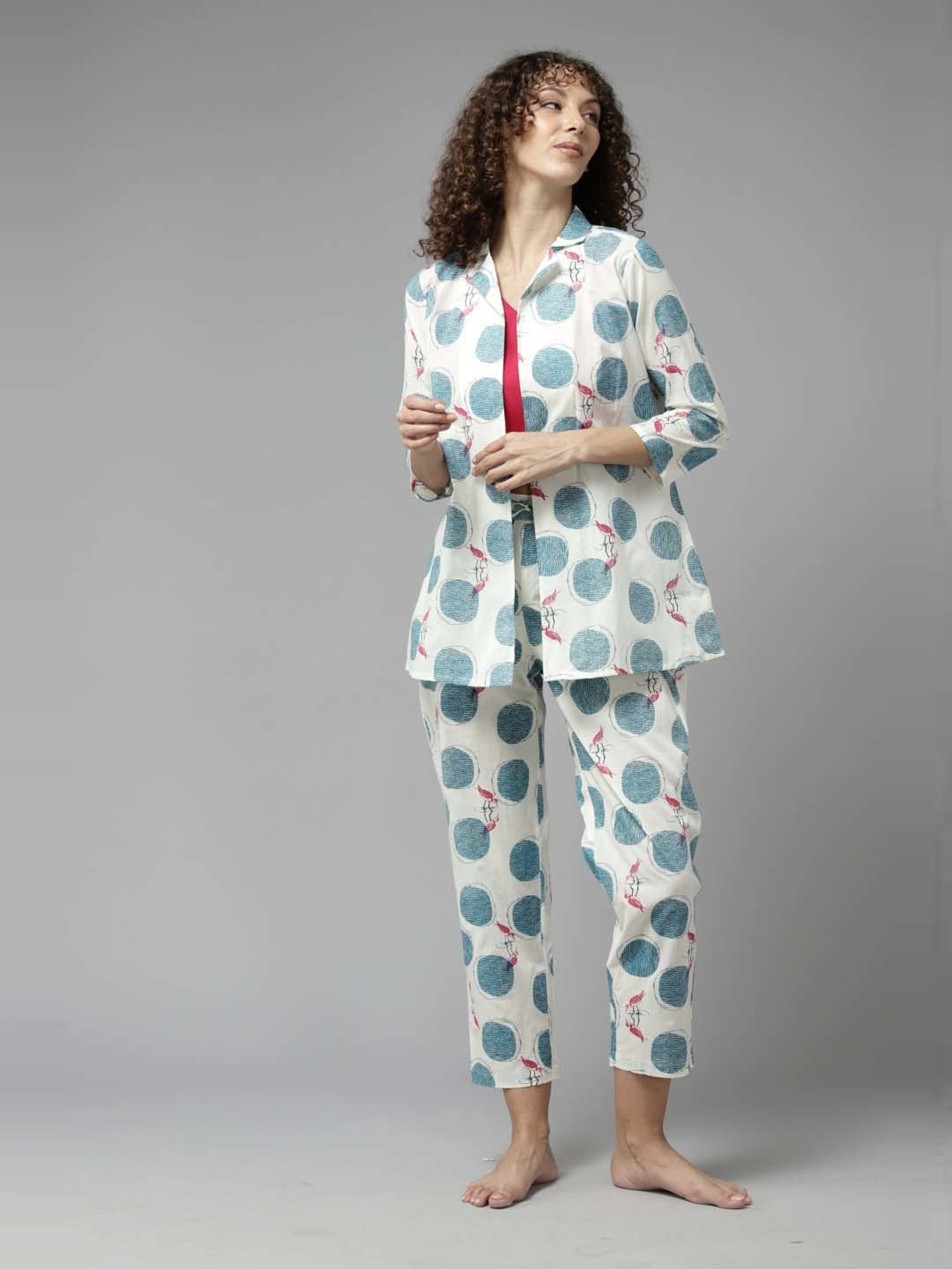 Prakrti White Cotton Printed Crop Top Pant Set With Jacket