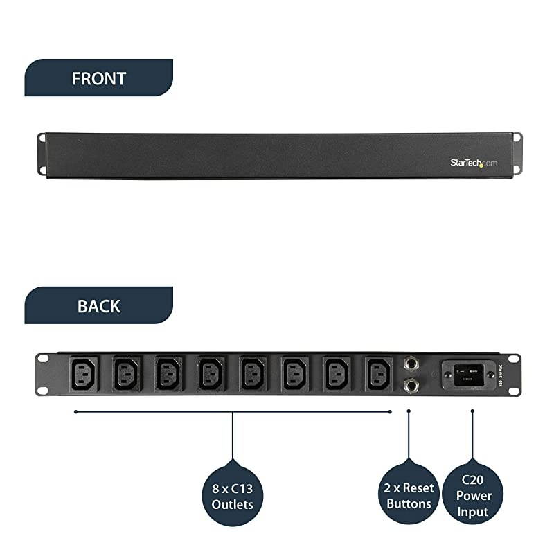 com 8 C13 Outlet Horizontal 1U Rack Mount PDU Power Strip for Server Racks Surge Protection 16A 10ft NEMA 520P Power Cord PDU08C13H