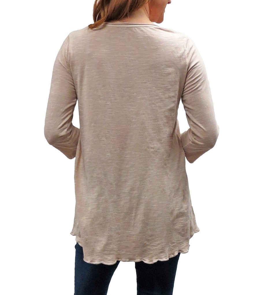 Karyn Seo Mari Vintage Tonal Embroidered V-Neck 3/4 Sleeve Scalloped Hem Cotton Tunic Top