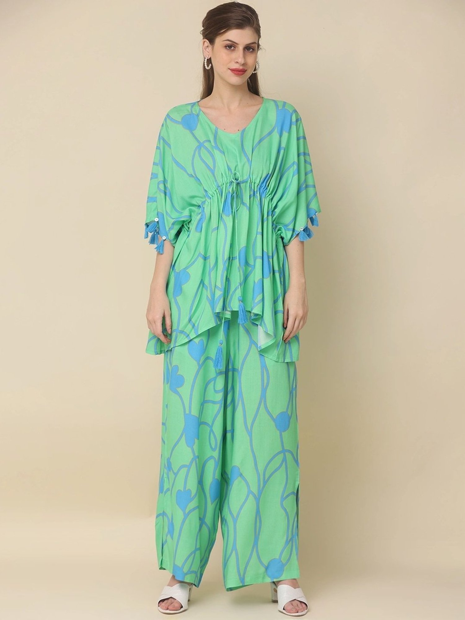 Zolo Label Green Cotton Printed Top Palazzo Set