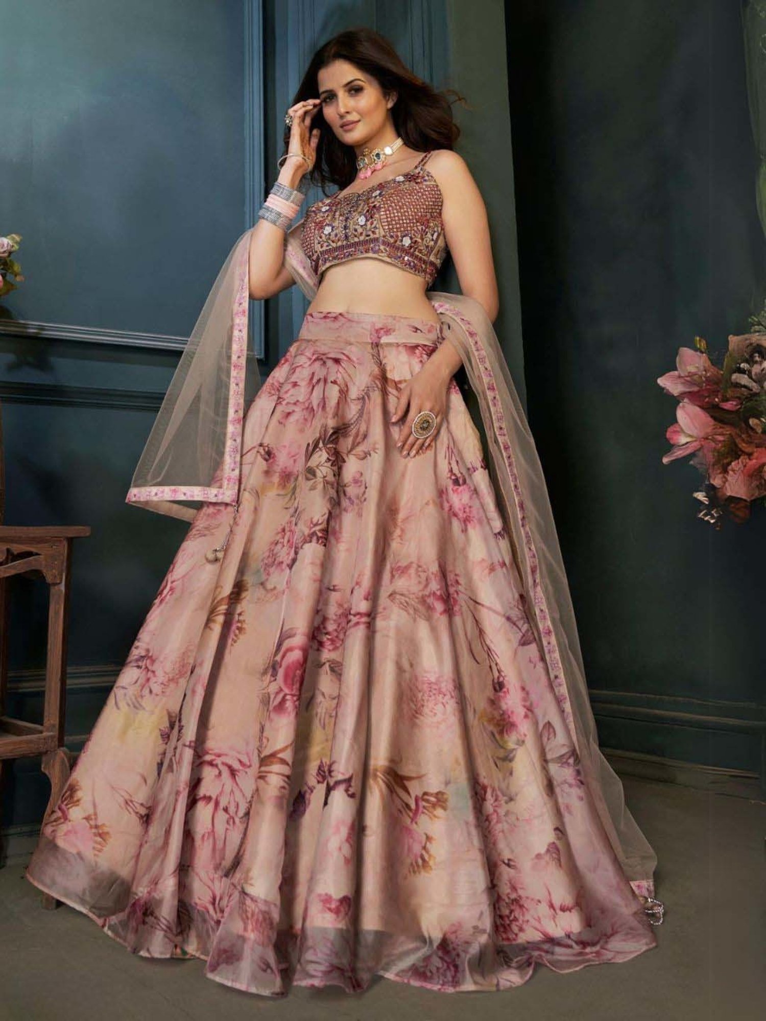 Odette Beige Printed Lehenga Choli Set With Dupatta
