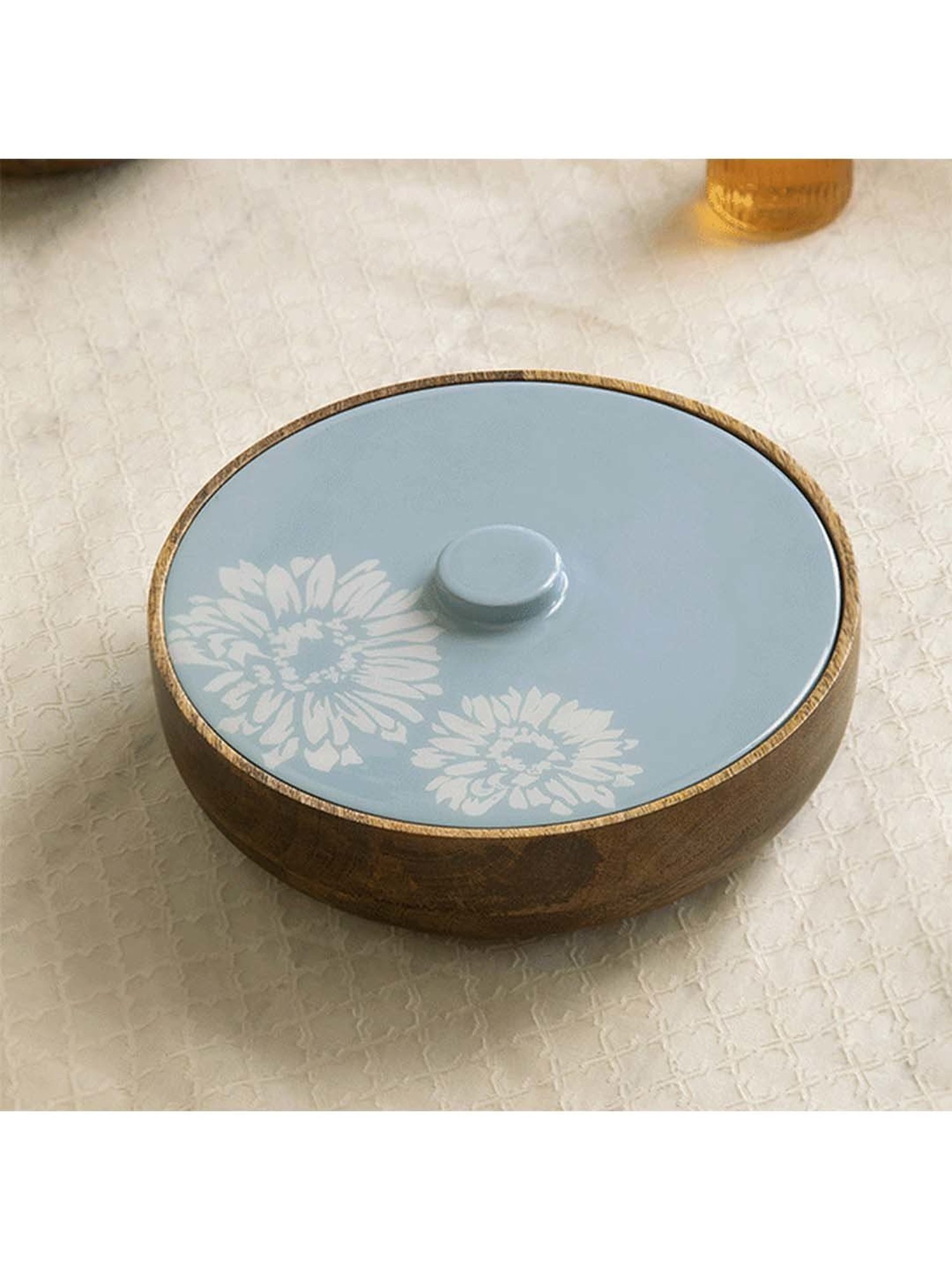 Ellementry Blossom Brown & Blue Wood Chapati Box With Lid - Set of 1