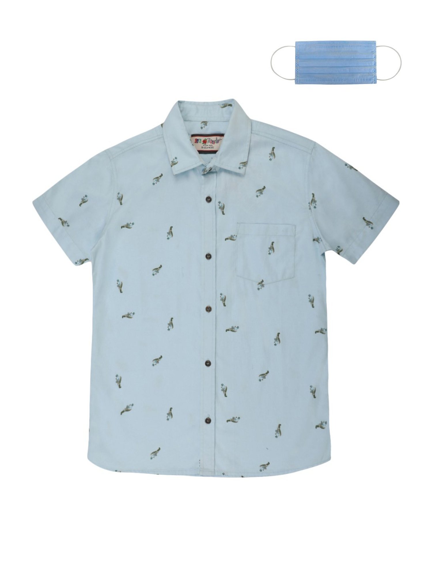 Li'l Tomatoes Kids Sky Blue Cotton Printed Shirt & Mask