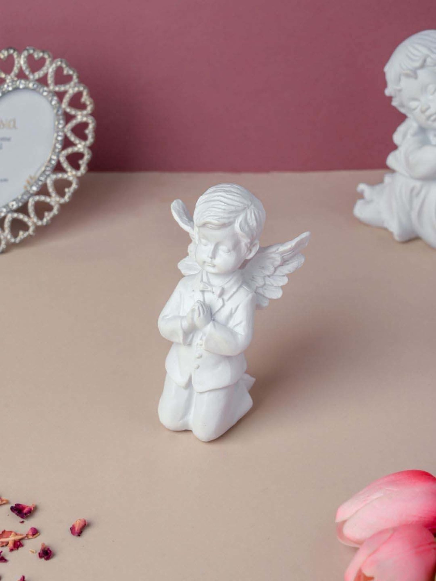 Nestasia White Praying boy on both knees Angel Statue with Wings for Home Decoration (4.92 Inch)