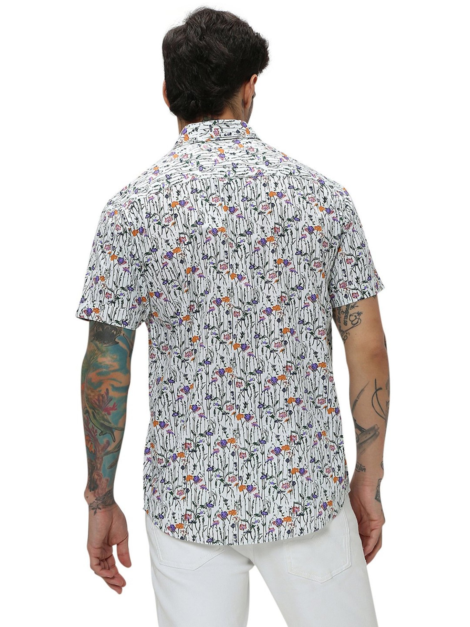 Mufti White Slim Fit Floral Print Shirt