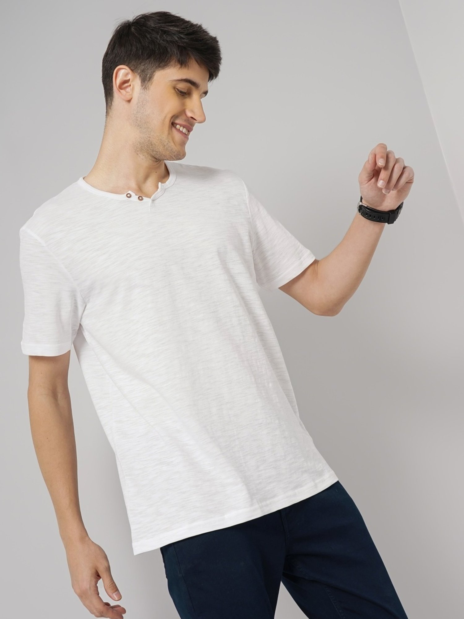 Celio White Cotton Regular Fit Henley T-Shirt