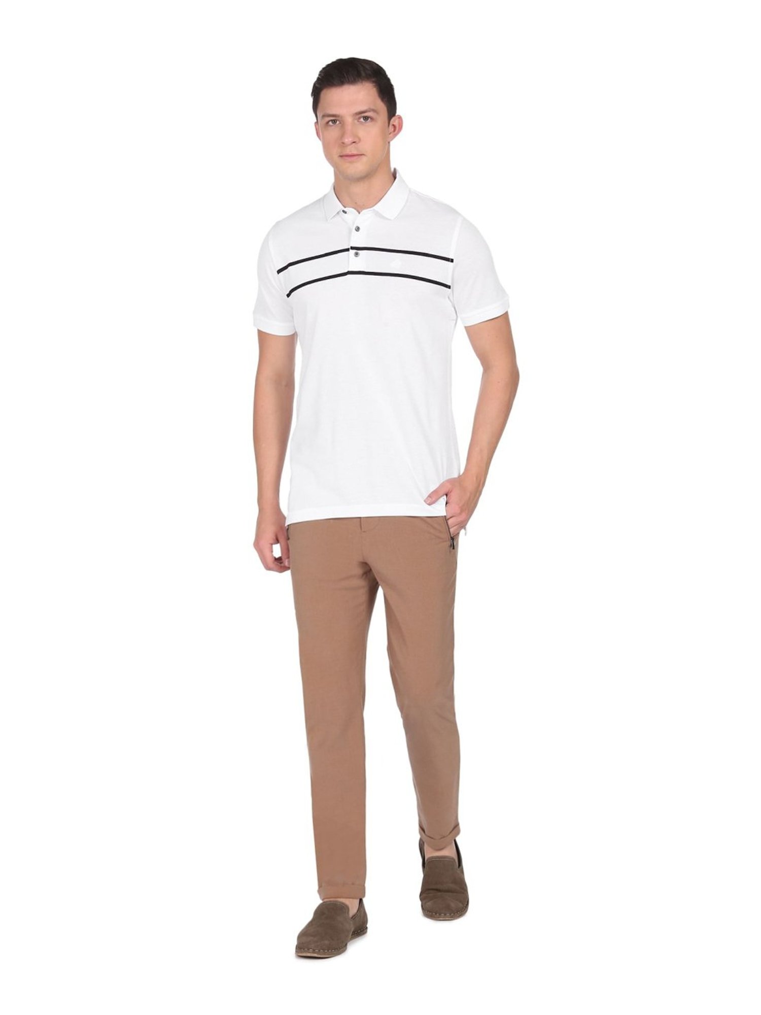 Arrow White Cotton Regular Fit Striped Polo T-Shirt
