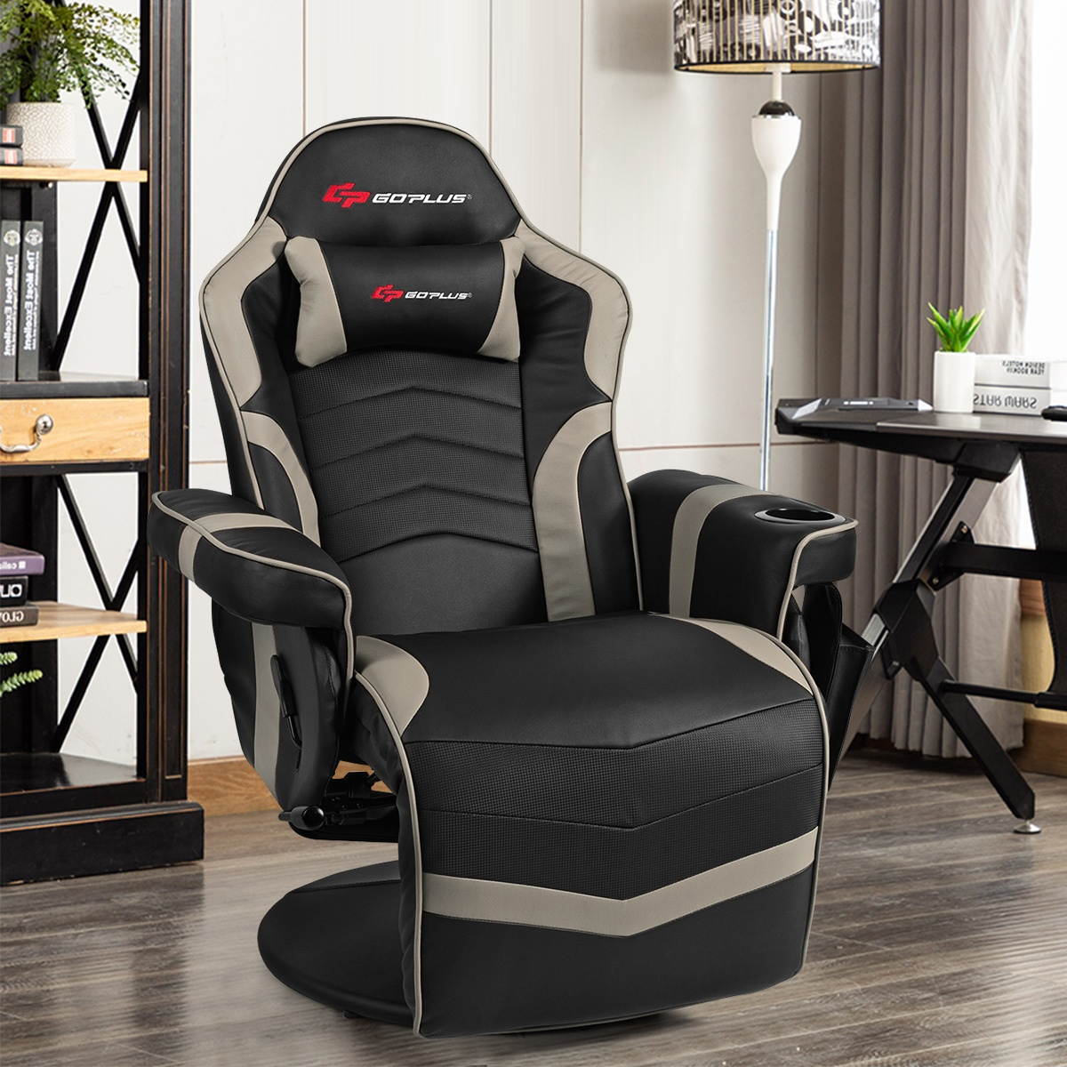 Goplus Massage Gaming Recliner Reclining Racing Chair Swivel Gray