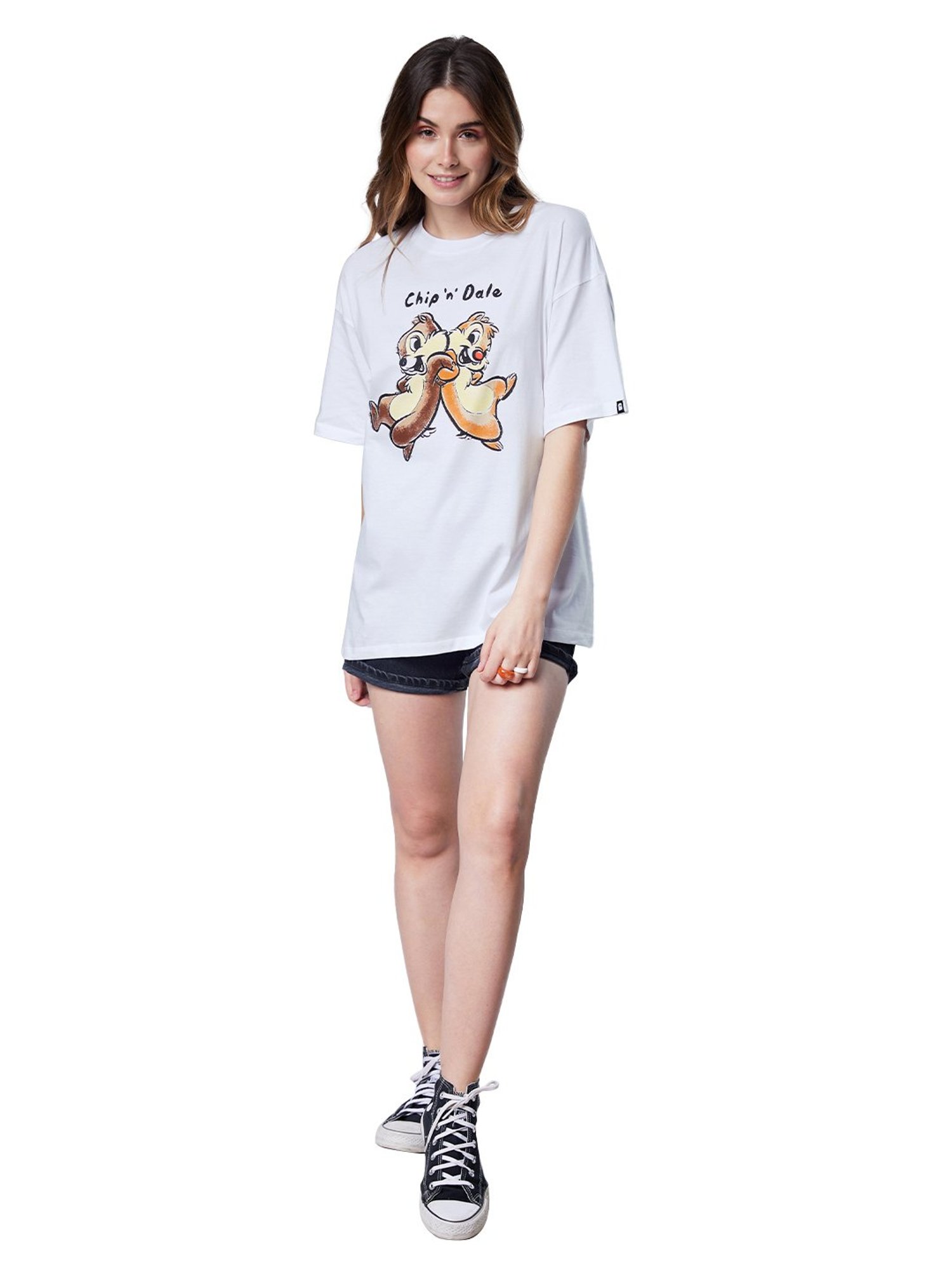 The Souled Store White Disney: Chip 'N' Dale Printed Oversized T-Shirt