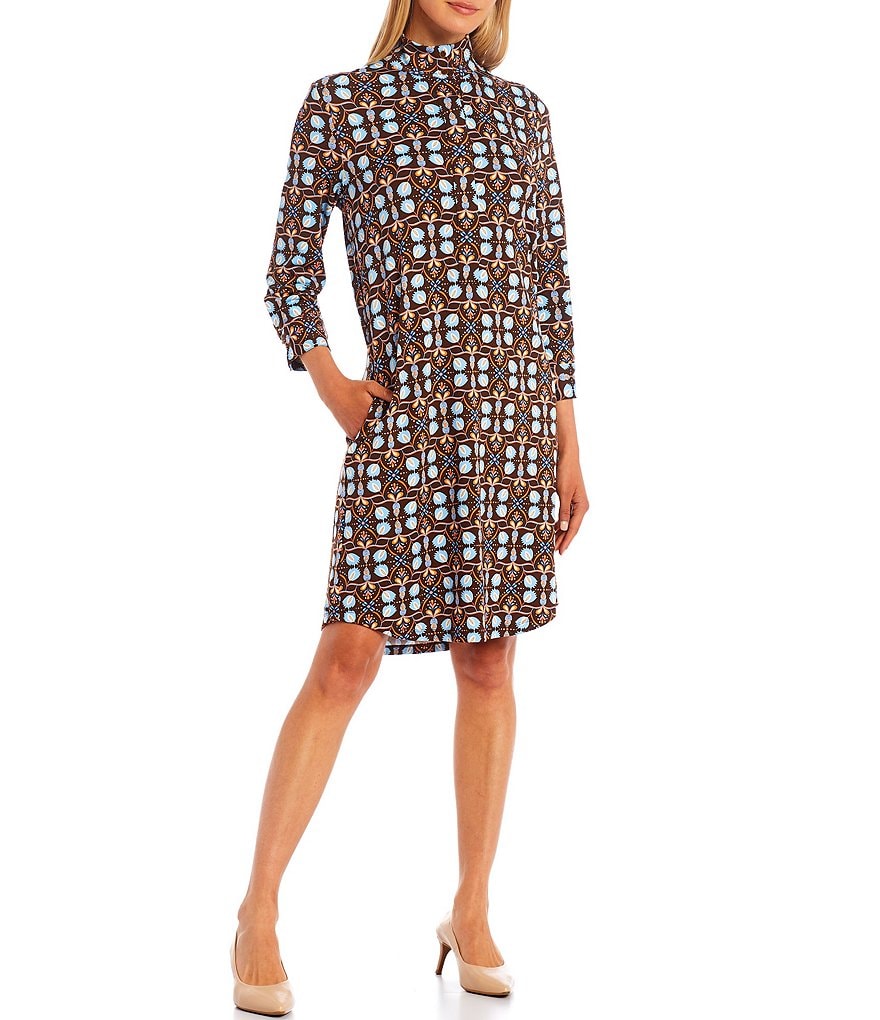 J.McLaughlin Berlin Geo Tile Print Knit Jersey 3/4 Sleeve Mock Neck Shirtdress