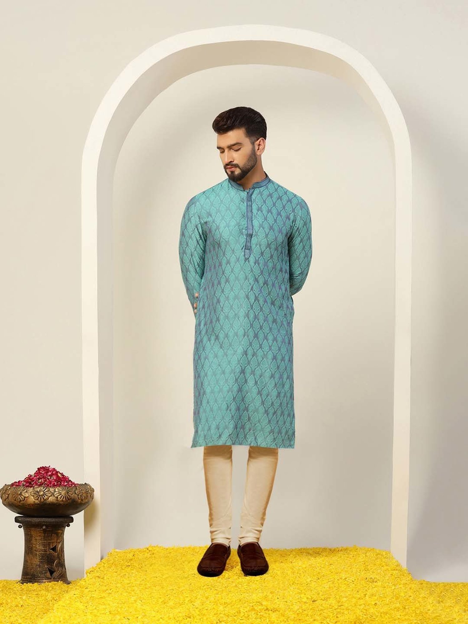 KISAH Blue & Beige Regular Fit Self Design Kurta & Churidar Set
