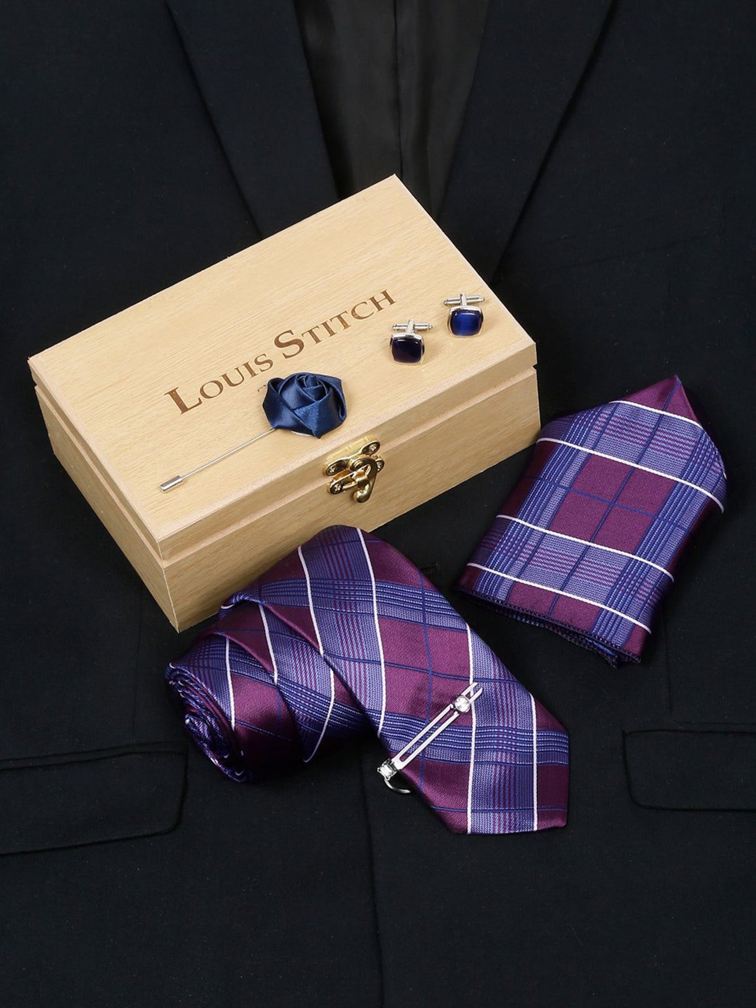 Louis Stitch Purple Checks Necktie Gift Set - Set of 5