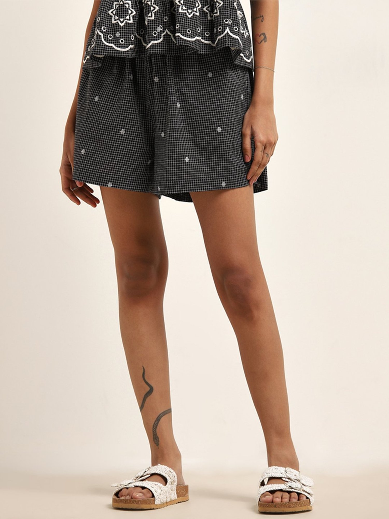 Bombay Paisley by Westside Black Checks High-Rise Cotton Shorts