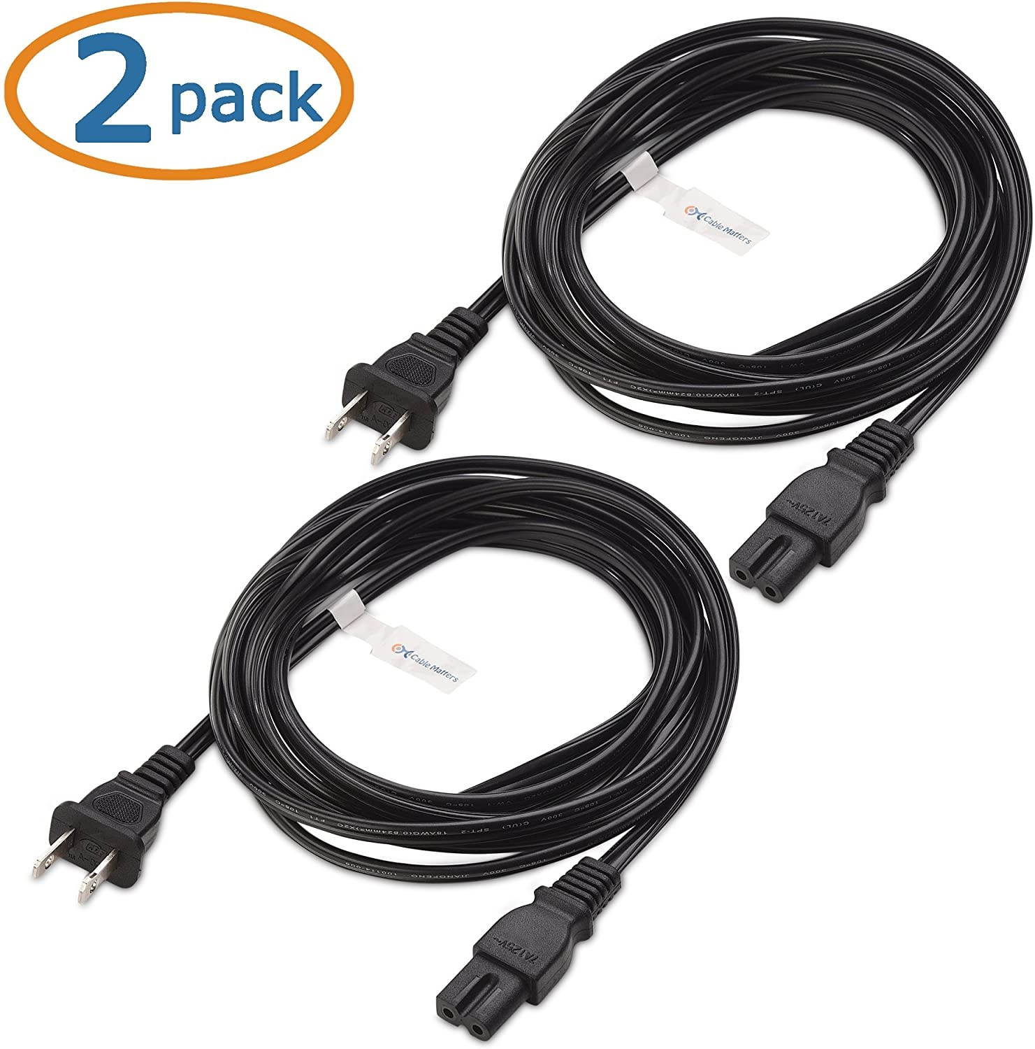 Cable Matters 2-Pack 2 Slot Polarized Power Cord (2 Slot Power Cable) 10 Feet (NEMA 1-15P to IEC C7)