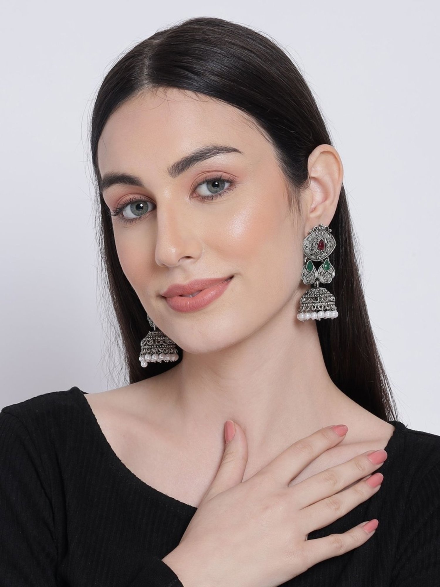 Aatmana Silver-Toned Ruby & Green Oxidised Classic Drop Jhumki Earrings for Women