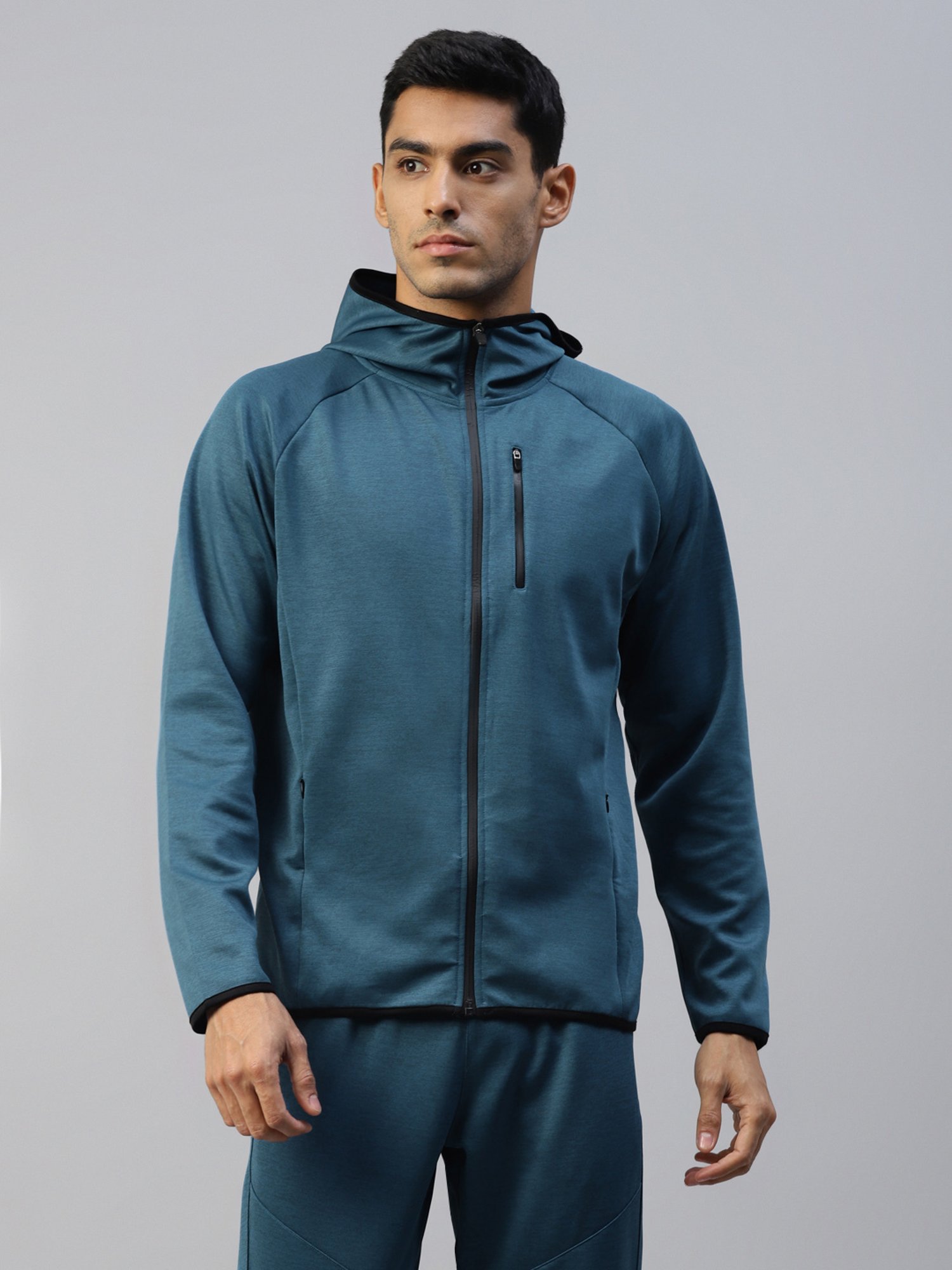 Slowave Teal Regular Fit Sports Hooded Jacket