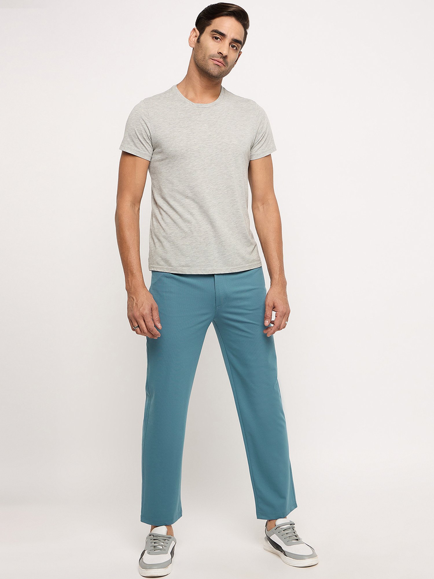 Okane Mid Blue Regular Fit Flat Front Trousers