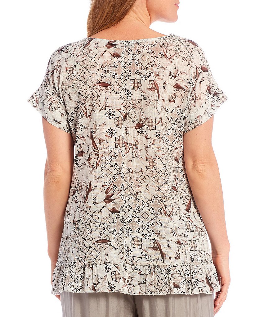 M Made in Italy Printed Cotton Ruffled Hem Top