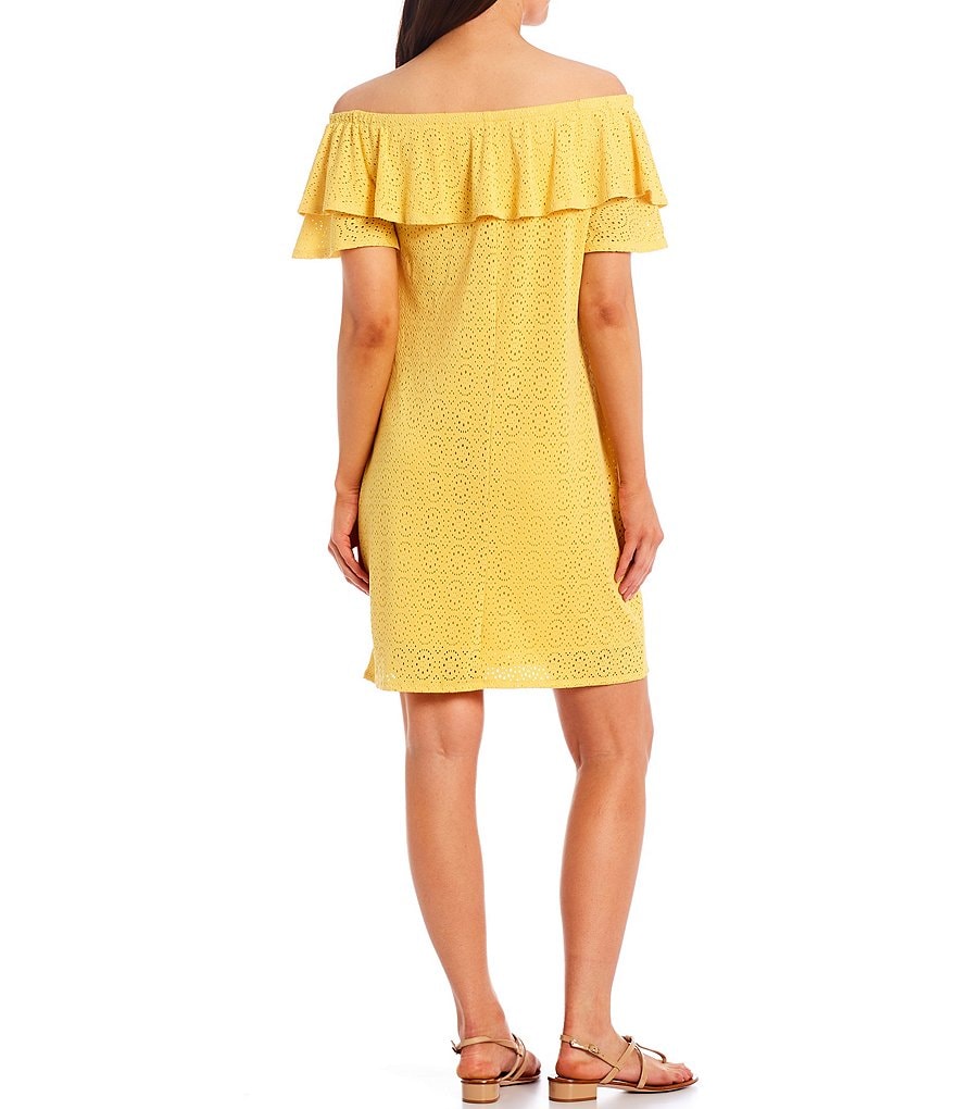 London Times Petite Size Off-the-Shoulder Eyelet Shift Dress