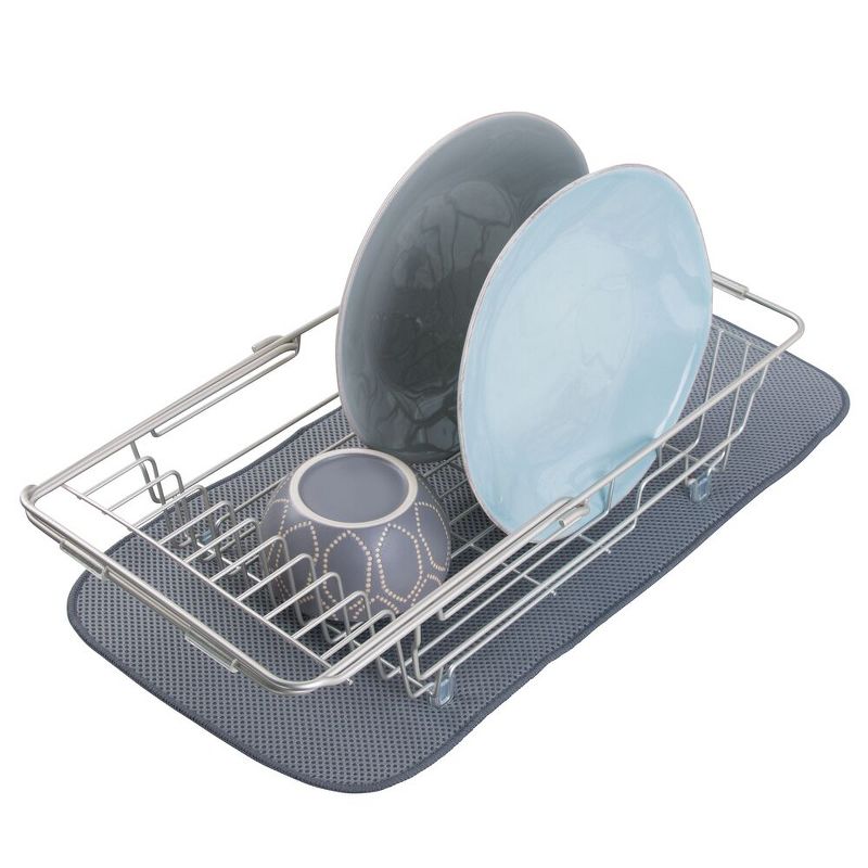 mDesign Kitchen Counter Dish Drying Rack & Microfiber Mat, Set of 2 - Satin/Gray