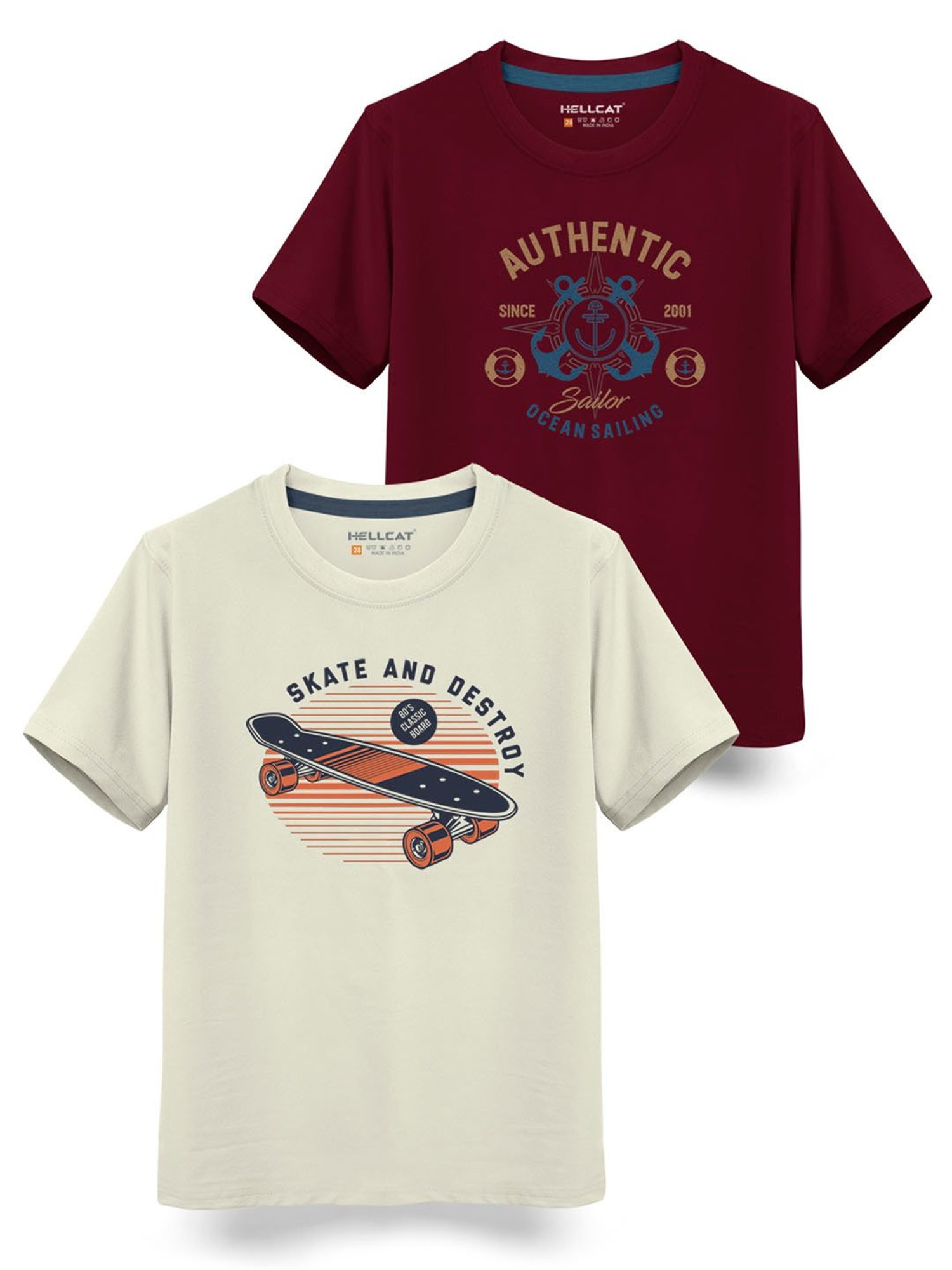 HELLCAT Boys Burgundy & White Printed T-Shirt (Pack Of 2)
