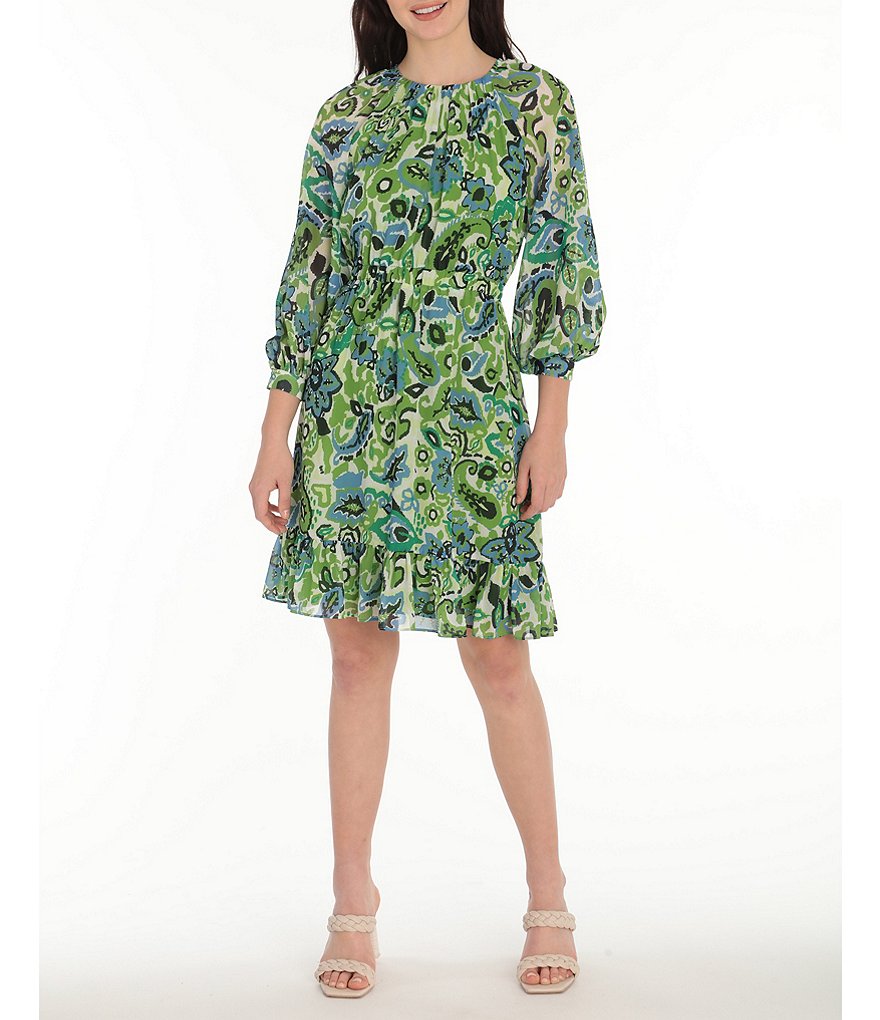 Maggy London Paisley Print Ruffle Hem 3/4 Sleeve Crew Neck Dress