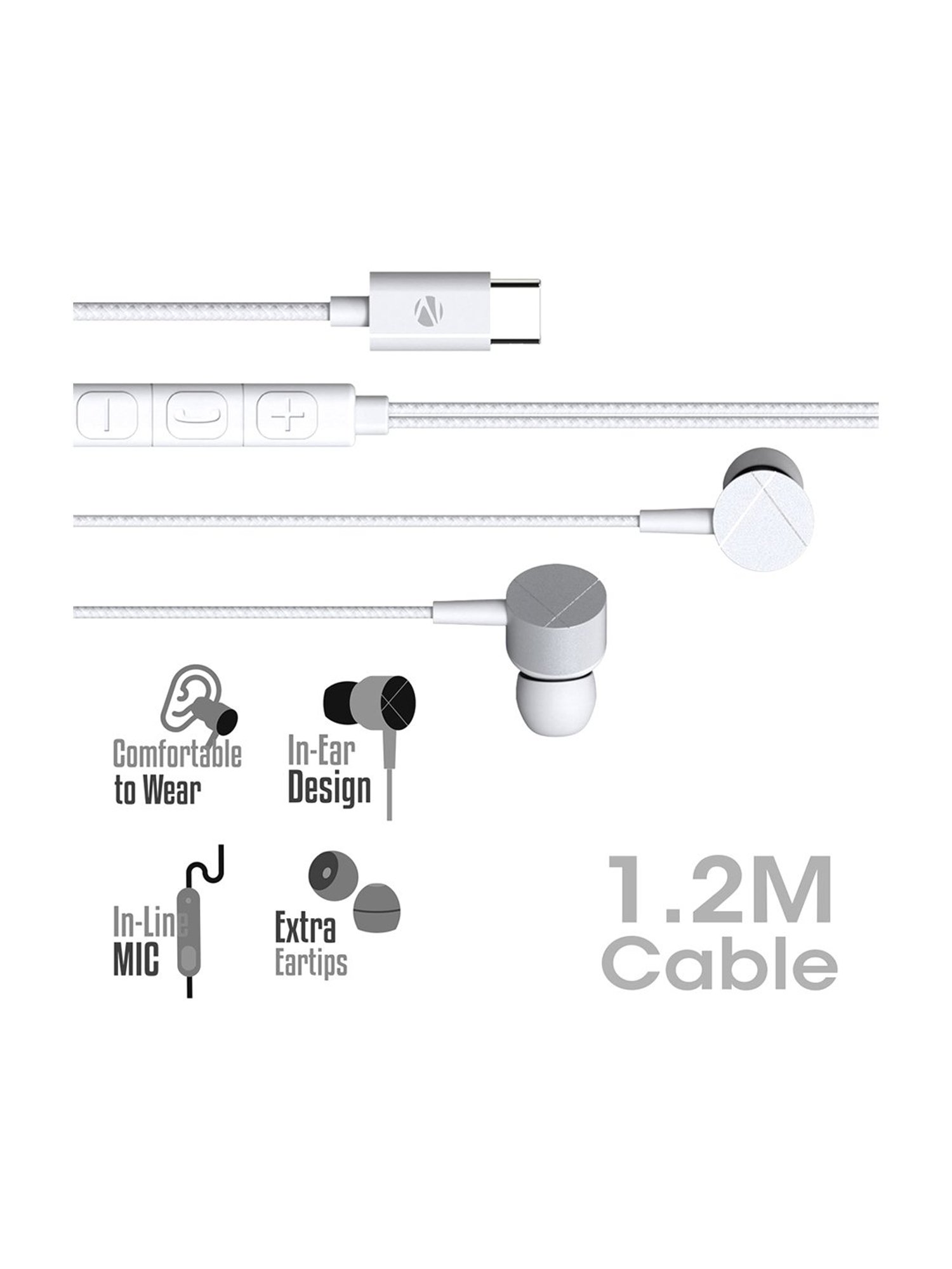 Zebronics Zeb-Buds C2 in Ear Type C Wired Earphones with Mic, Braided 1.2 Metre Cable (White)