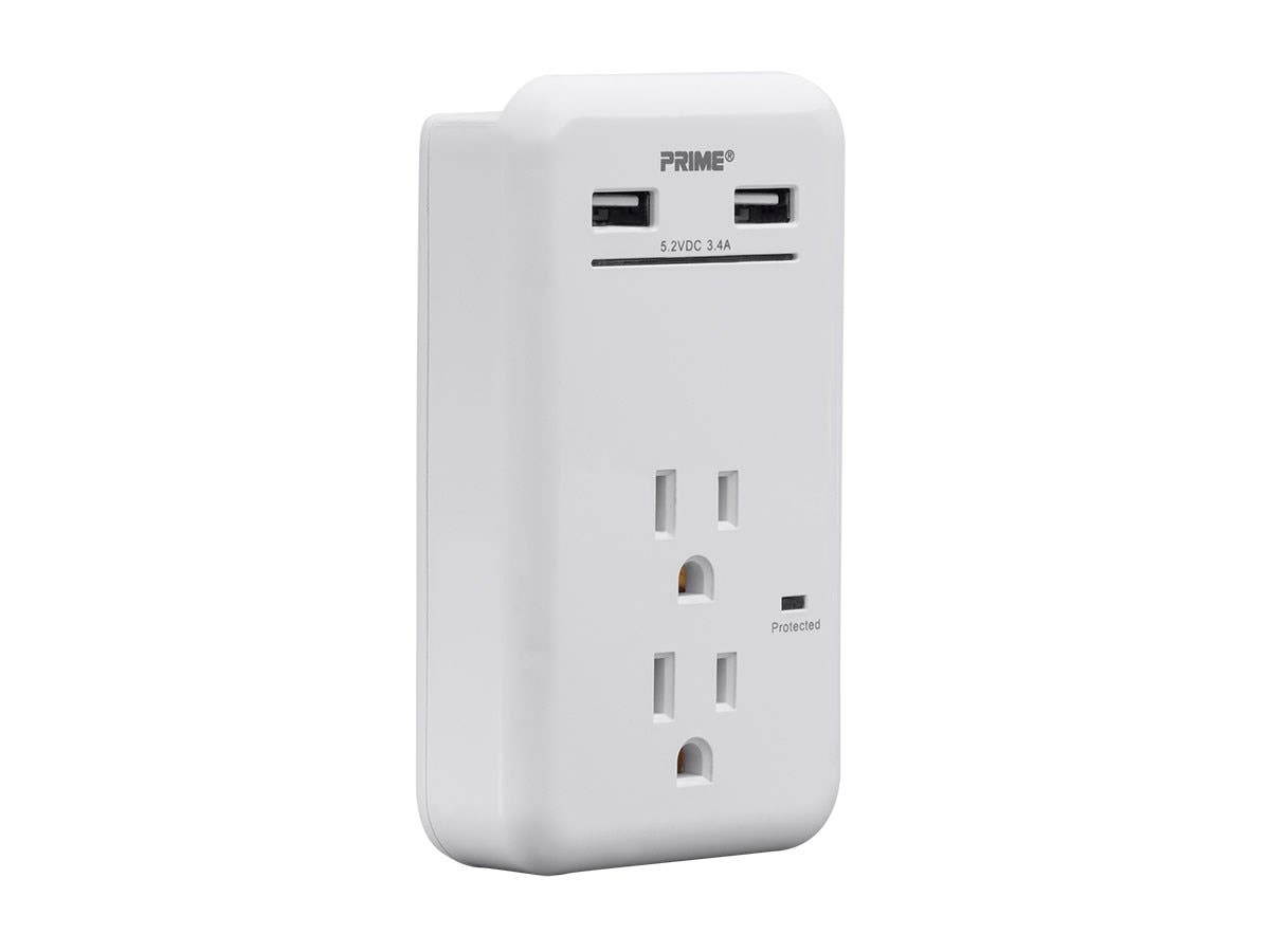 Monoprice 2 Outlet Surge Protector Wall Tap with 2 USB Charging Ports 3.4A, 450 Joules, White