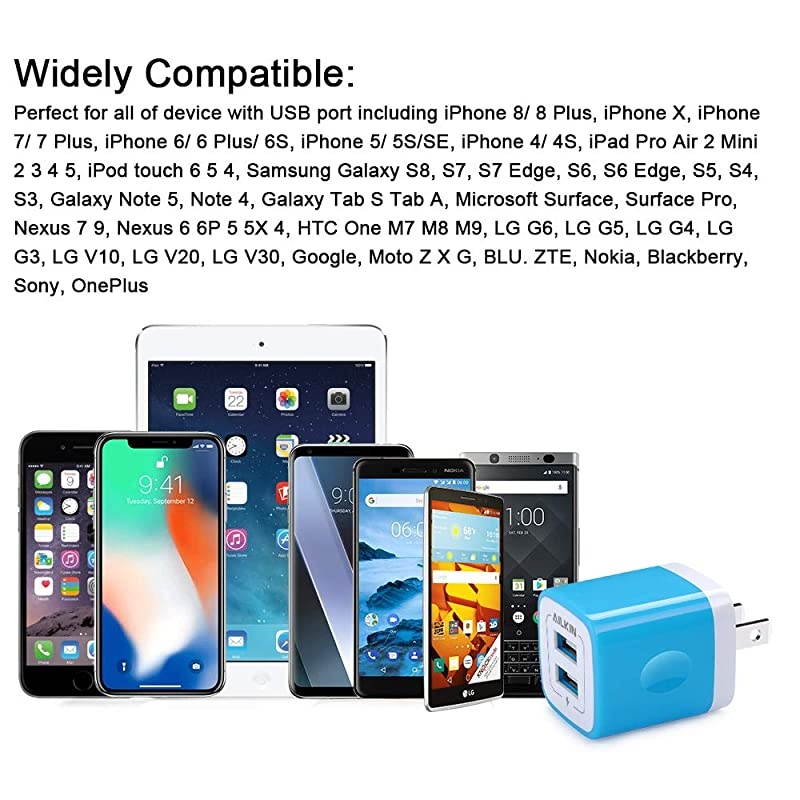 USB Wall Charger  3Pack 21A Dual Port USB Plug Power Adapter Charging Cube Replacement for iPhone X 876 Plus SE5S4SiPad iPod Samsung Android Phone and Other Charger Brick PlugBlue