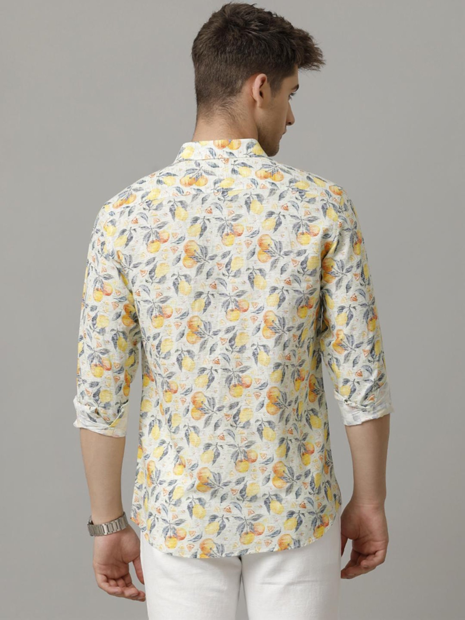 Linen Club Yellow Linen Contemporary Fit Printed Shirt