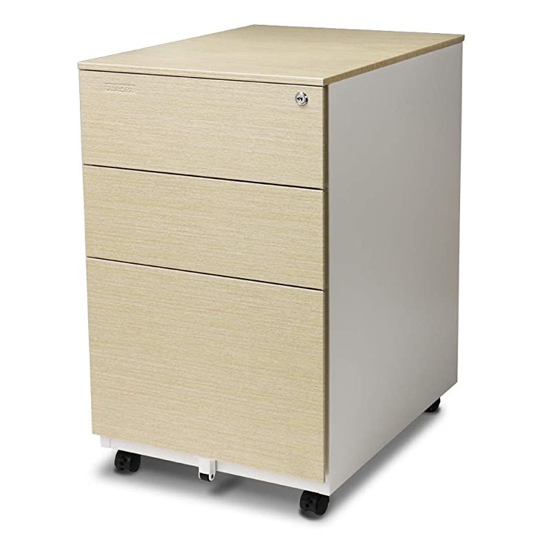 FC-103LW Modern Soho Design 3-Drawer Metal Mobile File Cabinet with Lock Key/Fully Assembled, White/Light Wenge