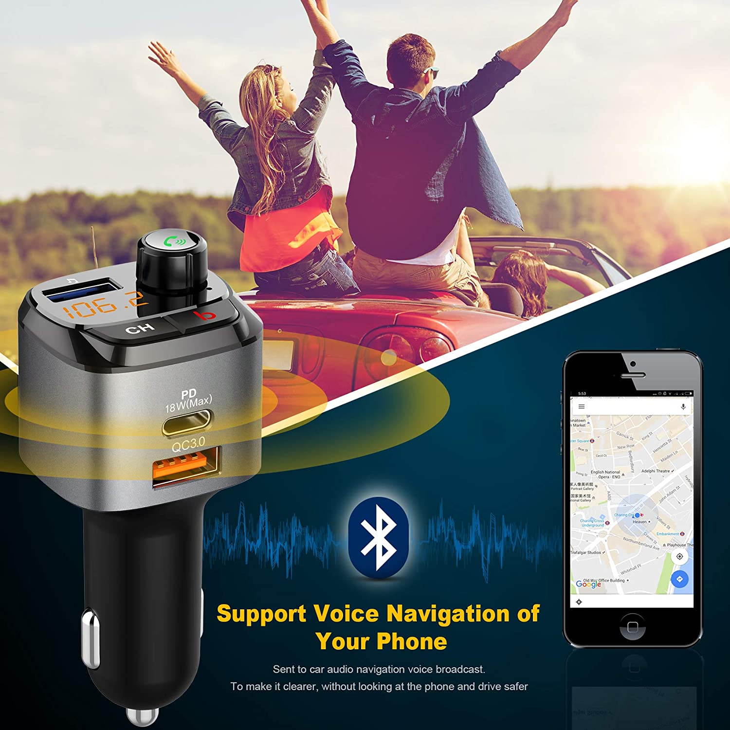 Bluetooth 5.0 FM car transmitter, QC3.0+Type-C PD 18W wireless Bluetooth FM radio adapter bass music player FM car kit, with hands-free call and 3 USB port chargers to support USB driver