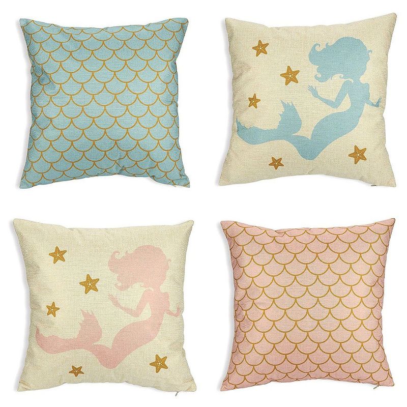 Juvale Set of 4 Pastel Scallop & Mermaid Couch Throw Pillow Cases Cushion Covers 17 x 17, Pink & Blue