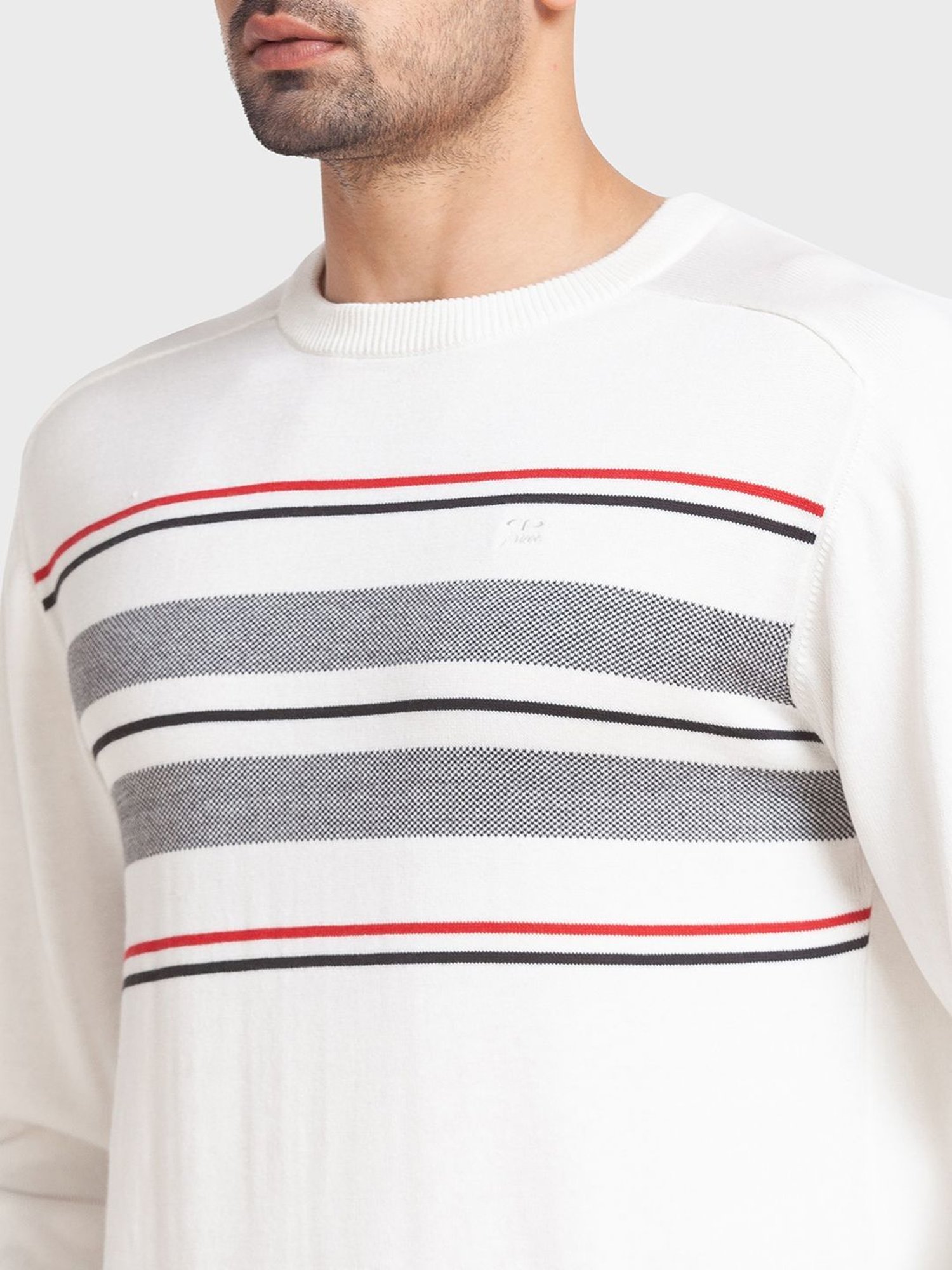 ColorPlus White Cotton Tailored Fit Striped Sweaters