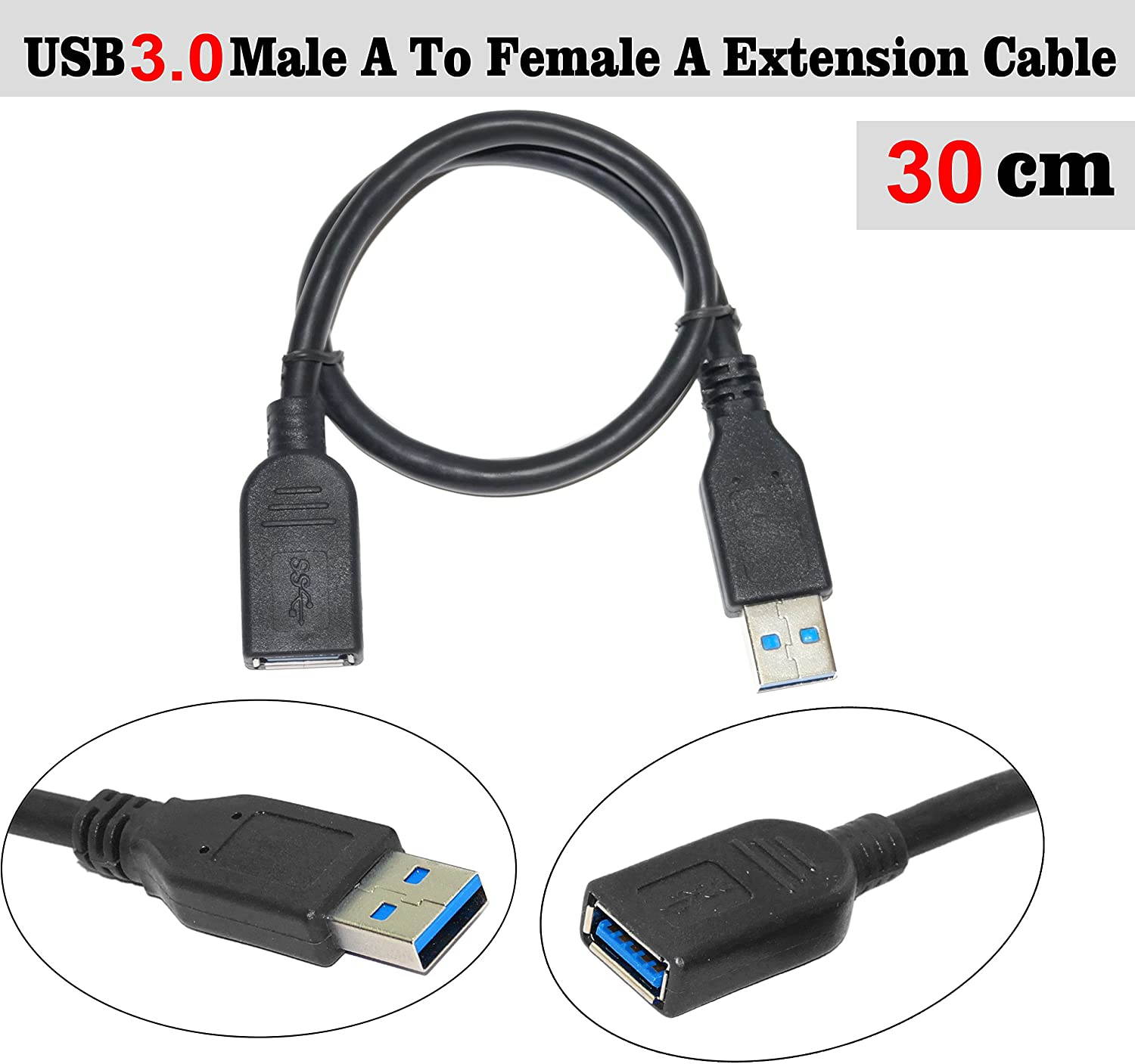 SaiTech IT 2 Pack Short Length 1 Feet USB 3.0 Extension Cable, USB 3.0 A Male to Female Extender Cable