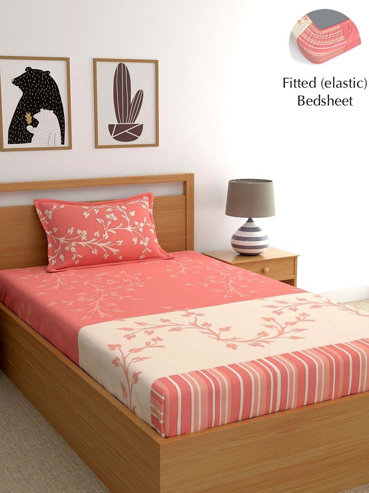 Dreamscape Peach Cotton 140 TC Single Fitted Bedsheet With 1 Pillow Cover