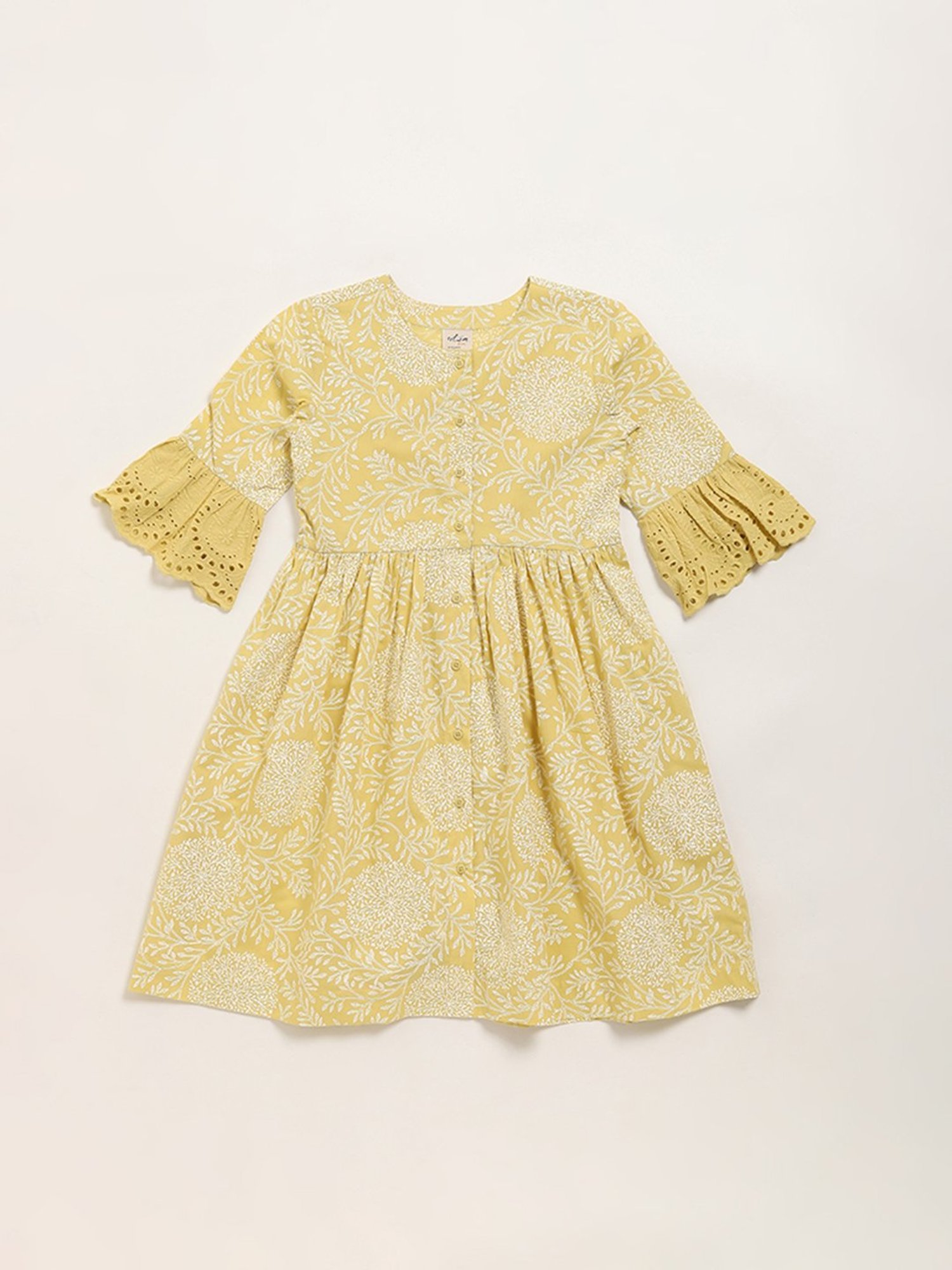 Utsa Kids by Westside Mustard Floral Design A-Line Cotton Dress
